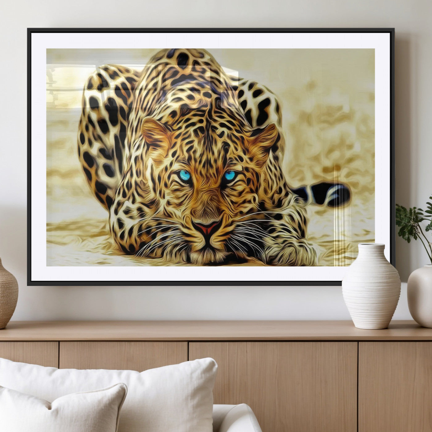 45281-MGC-FP-36x24_Black-Blue Eye Leopard Wall Art Canvas Print, Framed Leopard Painting Art Picture Print, Big Cat Perfect Safari Wildlife Decor Artwork