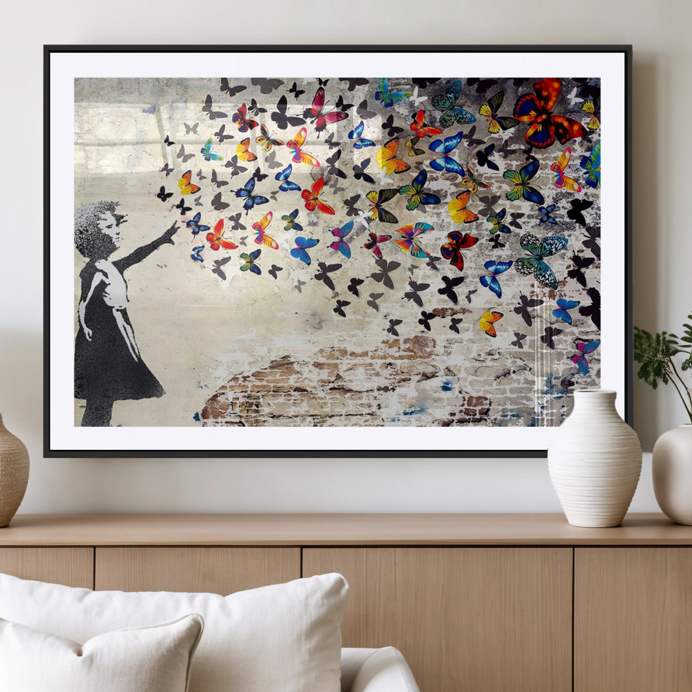97895-MGC-FP-36x24_Black-Girl with Butterflies Wall Art – Colorful Street Art Style Canvas Print, Modern Graffiti-Inspired Butterfly Artwork for Living