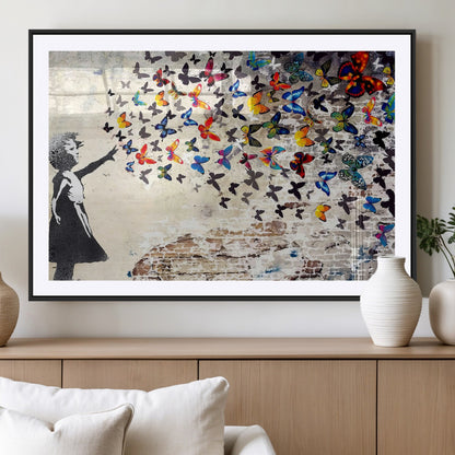 97895-MGC-FP-36x24_Black-Girl with Butterflies Wall Art – Colorful Street Art Style Canvas Print, Modern Graffiti-Inspired Butterfly Artwork for Living