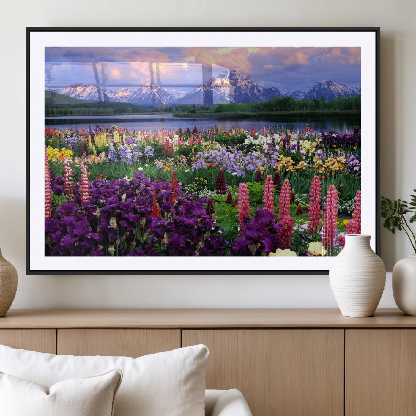 82270-MGV-CV-36X24-Colorful Wildflower Meadow Landscape Wall Art – Snow-Capped Mountain Lake Sunset Print, Vibrant Nature Artwork for Living Room,
