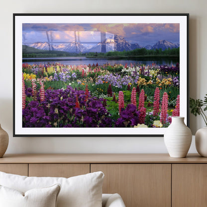 82270-MGV-CV-36X24-Colorful Wildflower Meadow Landscape Wall Art – Snow-Capped Mountain Lake Sunset Print, Vibrant Nature Artwork for Living Room,