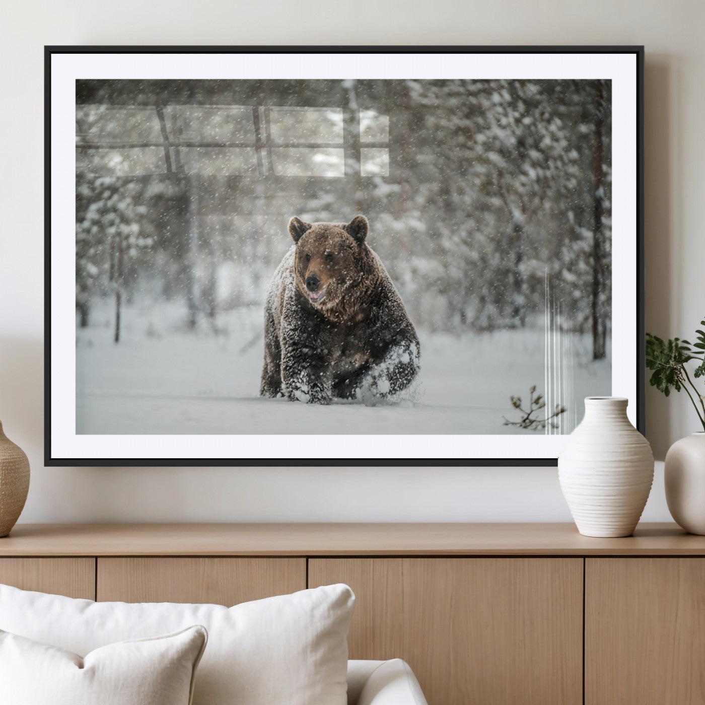 43350-MGV-CV-36X24-Wild Bear in Snow Wall Art – Majestic Wildlife Photography Print, Winter Forest Nature Decor for Cabin, Lodge, Rustic Home,