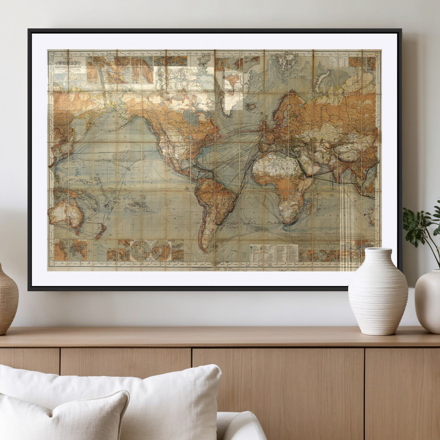 91338-MGC-FP-36x24_Black-Antique World Map Wall Art – Vintage Historical Map Poster, Old-Style Cartography Print with Shipping Routes for Library, Study,