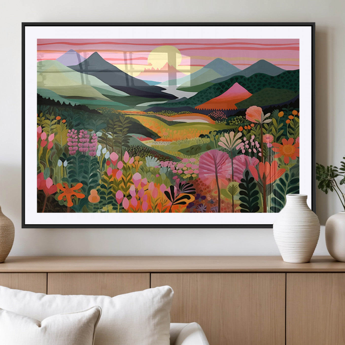 99638-MGV-CV-36X24-Sunset Meadow Wall Art – Panoramic Mountain Landscape with Wildflowers Canvas Print, Vibrant Nature Decor for Living Room, Bedroom