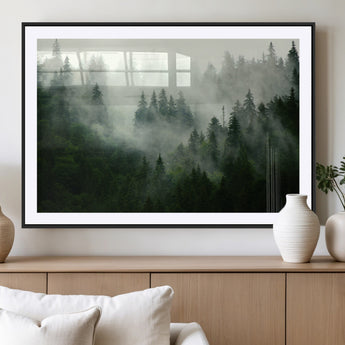 167720496-MGC-FP-36x24_Black-Misty Forest Wall Art – Serene Evergreen Trees Canvas Print, Foggy Mountain Nature Landscape Decor for Bedroom, Living Room or