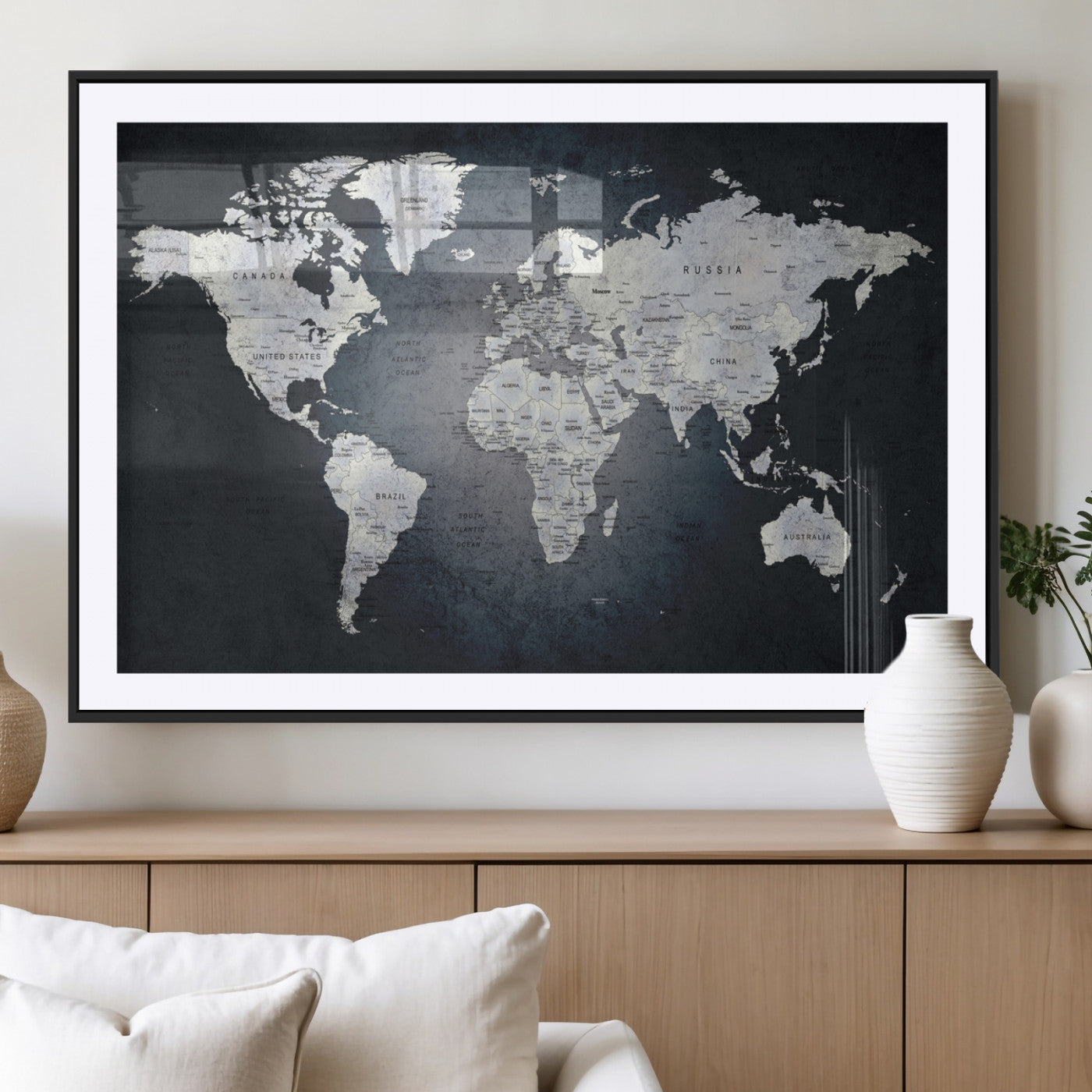 19124-MGV-CV-36X24-Modern World Map Wall Art – Black and White Canvas Print, Minimalist Global Map Decor for Office, Study, Bedroom or Living Room