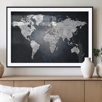 19124-MGV-CV-36X24-Modern World Map Wall Art – Black and White Canvas Print, Minimalist Global Map Decor for Office, Study, Bedroom or Living Room