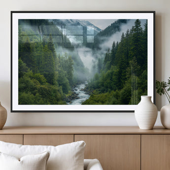 69453-MGV-CV-36X24-Mountain Forest Wall Art – Misty River and Evergreen Landscape Canvas Print, Nature Photography Poster for Living Room, Bedroom,