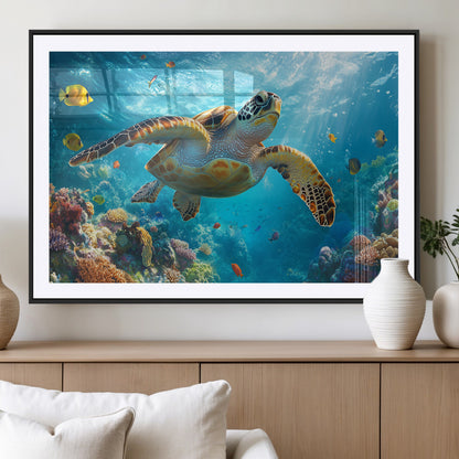 37623-MGV-CV-36X24-Sea Turtle Wall Art – Underwater Ocean Canvas Print with Coral Reef and Tropical Fish, Marine Life Painting Poster for Living