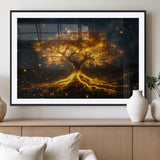 60194-MGV-CV-36X24-Glowing Tree Wall Art – Golden Roots Fantasy Canvas Print, Mystical Illuminated Tree Painting Poster for Living Room, Bedroom,