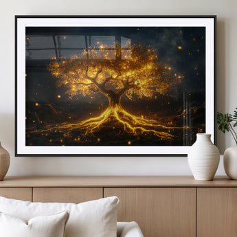 60194-MGV-CV-36X24-Glowing Tree Wall Art – Golden Roots Fantasy Canvas Print, Mystical Illuminated Tree Painting Poster for Living Room, Bedroom,