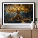 92739-MGV-CV-36X24-Glowing Tree Wall Art – Enchanted Golden Forest Canvas Print, Mystical Illuminated Nature Painting Poster for Living Room,