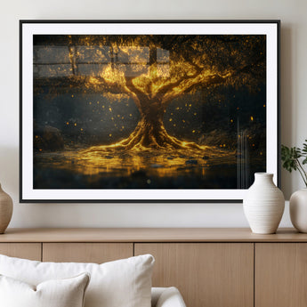 59580-MGV-CV-36X24-Glowing Tree Wall Art – Golden Fantasy Nature Canvas Print, Mystical Illuminated Tree Painting Poster for Living Room, Bedroom,