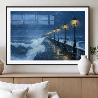32668-MGV-CV-36X24-Stormy Pier Wall Art – Ocean Waves and Street Lamps Canvas Print, Rainy Night Seascape Oil Painting Poster for Living Room,