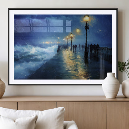 76572-MGC-FP-36x24_Black-Stormy Night Pier Wall Art – Ocean Waves and Street Lamps Canvas Print, Rainy Seascape Oil Painting Poster for Living Room,
