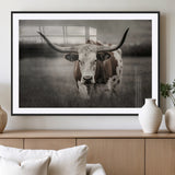 69238-MGV-CV-36X24-Longhorn Bull Wall Art – Rustic Black and White Texas Cattle Canvas Print, Western Farmhouse Animal Photography for Living Room,