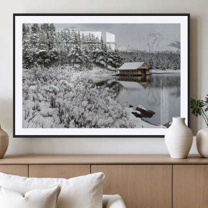 29975-MGV-CV-36X24-Winter Cabin by the Lake Wall Art – Snowy Mountain Landscape Canvas Print, Rustic Lodge Cabin Decor for Cozy Living Room, Bedroom