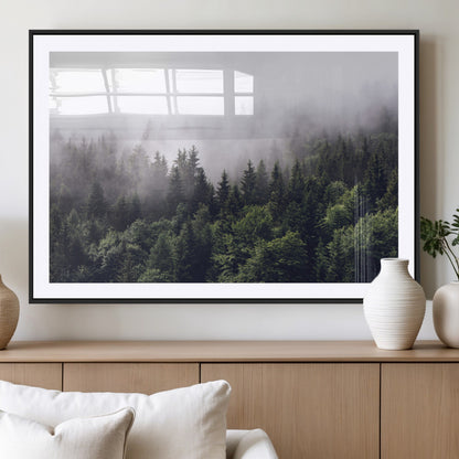 42578900-MGC-FP-36x24_Black-Misty Pine Forest Wall Art – Tranquil Foggy Mountain Canvas Print, Nature Landscape Décor for Bedroom, Living Room, Cabin or