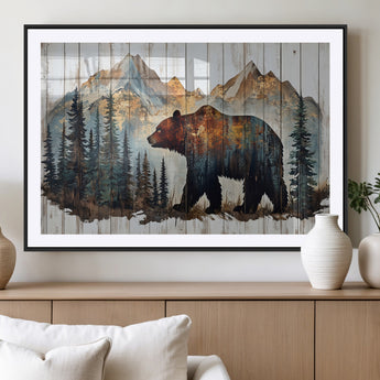 55777-MGC-FP-36x24_Black-Rustic Bear Wall Art Canvas Print, Framed Mountain and Forest Art Picture Print, Wooden Bear Perfect Rustic Lodge Decor Artwork