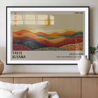 88180-MGC-FP-36x24_Black-Yayoi Kusama Landscape Wall Art – Abstract Dotted Mountain Canvas Print, Retro Sun Poster for Modern Living Room, Office or