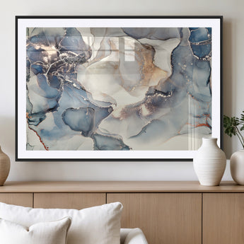 51497-MGV-CV-36X24-Abstract Blue and Gold Wall Art – Modern Fluid Ink Style Canvas Print, Elegant Contemporary Decor for Living Room, Office