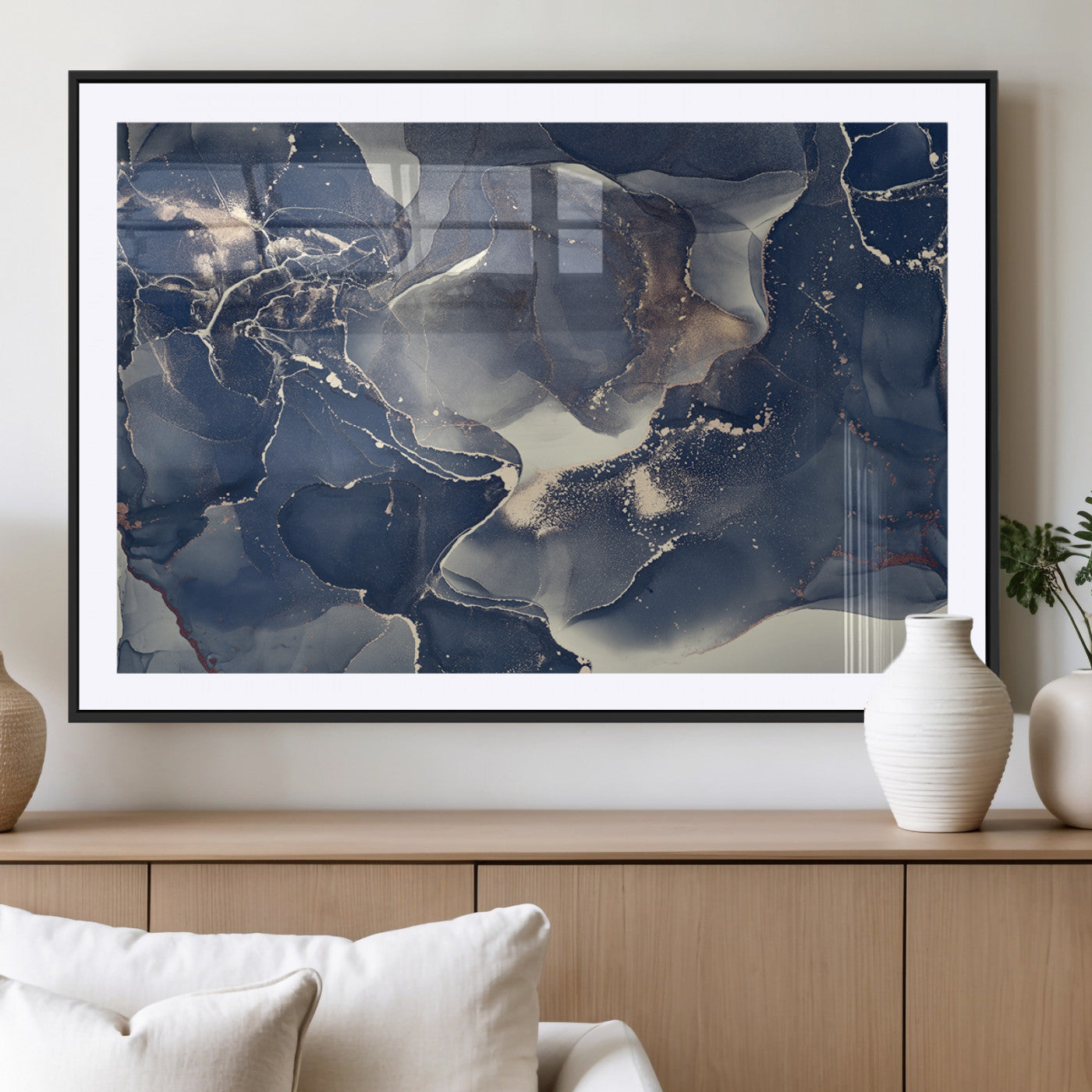 28282-MGV-CV-36X24-Blue Abstract Wall Art – Modern Ink Swirl Canvas Print, Contemporary Navy and Gold Painting for Living Room, Bedroom, Office or