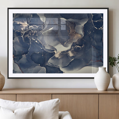 28282-MGV-CV-36X24-Blue Abstract Wall Art – Modern Ink Swirl Canvas Print, Contemporary Navy and Gold Painting for Living Room, Bedroom, Office or