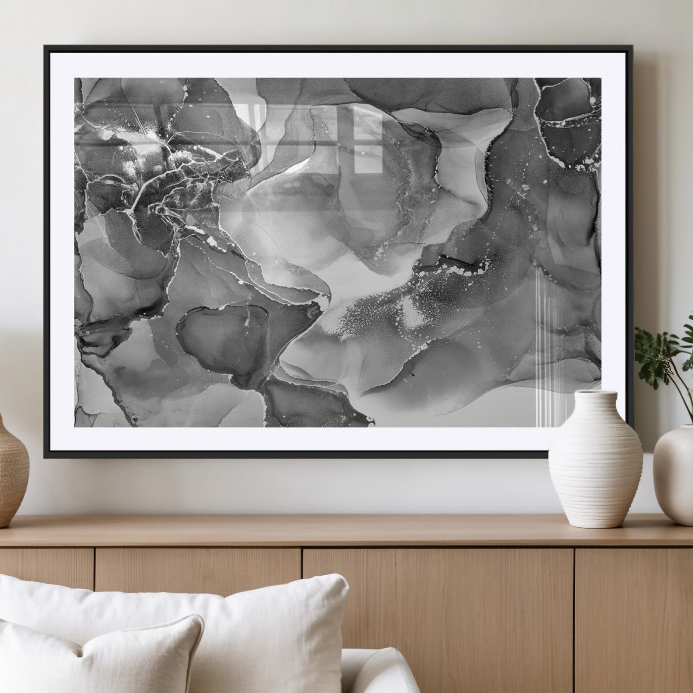 15911-MGC-FP-36x24_Black-Black and White Abstract Wall Art – Modern Ink Swirl Canvas Print, Minimalist Contemporary Painting for Living Room, Bedroom,