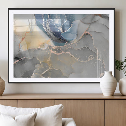 18176-MGV-CV-36X24-Abstract Fluid Wall Art – Modern Marble Ink Canvas Print with Blue, Gold, and Gray Tones, Contemporary Minimal Artwork Decor for