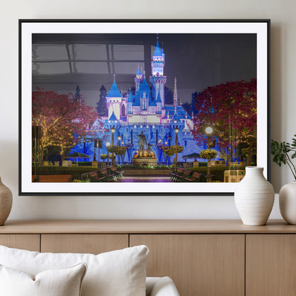 66710-MGC-FP-36x24_Black-Enchanted Castle Wall Art – Magical Night Scene Canvas Print with Glowing Lights, Fantasy Architecture Artwork for Living Room,