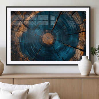 13398-MGC-FP-36x24_Black-Tree Ring Wall Art – Abstract Wood Grain Canvas Print with Blue and Orange Accents, Rustic Nature Inspired Artwork for Living