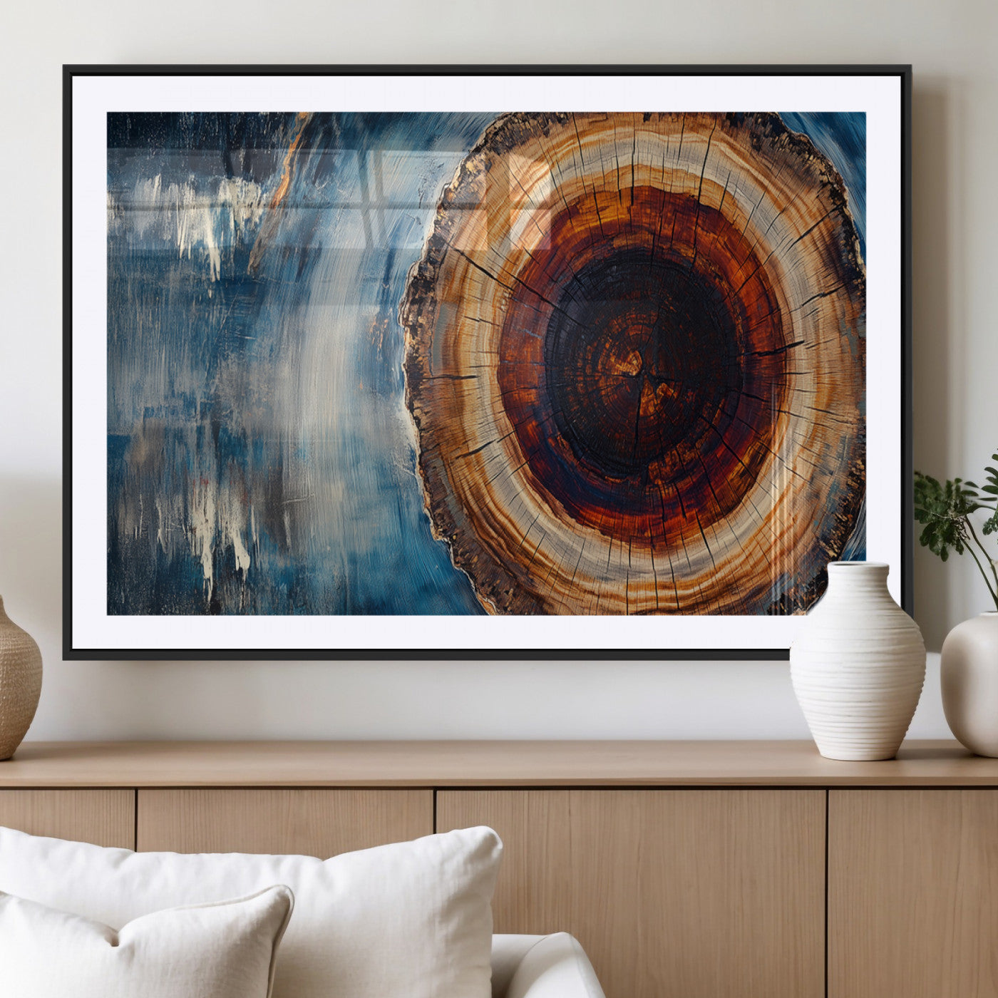 48045-MGV-CV-36X24-Tree Ring Abstract Wall Art – Rustic Wood Grain Canvas Print with Brown Center and Blue Brush Strokes, Nature Inspired Artwork for