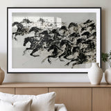 23069-MGV-CV-36X24-Galloping Horses Wall Art – Black Ink Painting on Canvas, Dynamic Equestrian Artwork with Running Stallions, Expressive Modern