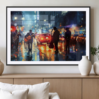 94605-MGV-CV-36X24-City Jazz Night Wall Art – Vibrant Music Canvas Print Featuring Saxophone, Guitar and Bass Players, Urban Street Scene Artwork for