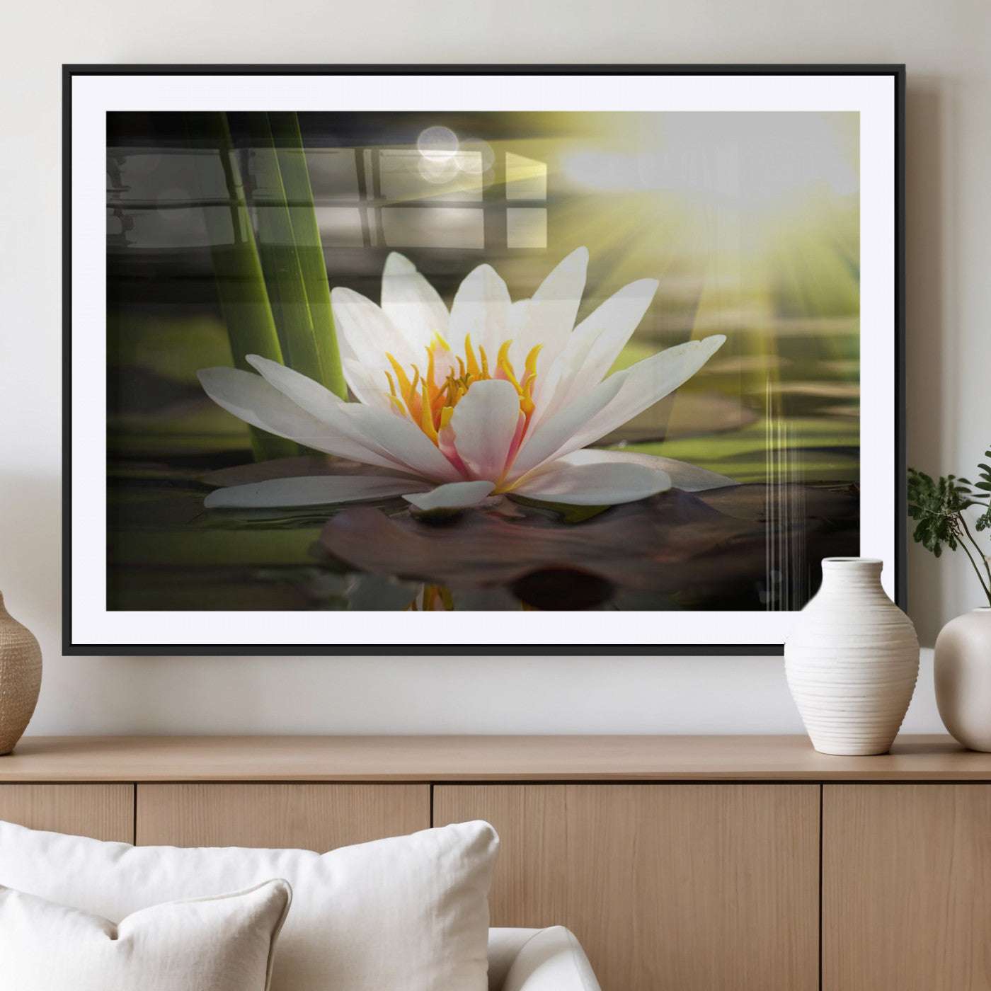 40478-MGV-CV-36X24-Water Lily Wall Art – White Lotus Flower Canvas Print with Sunlight Reflection, Serene Botanical Artwork for Living Room, Bedroom,
