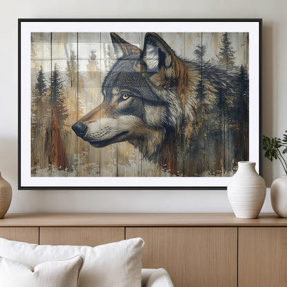 91882-MGV-CV-36X24-Wolf Wall Art – Rustic Canvas Print of Forest Wolf on Wood Background, Wildlife Lodge Artwork for Living Room, Bedroom, Cabin, or