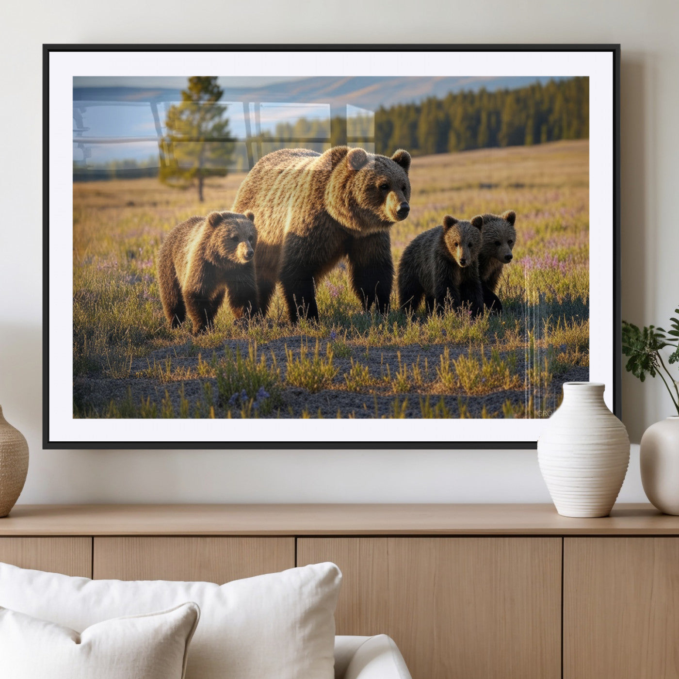 43400-MGV-CV-36X24-Bear Family Wall Art – Wildlife Canvas Print of Mother Bear with Cubs in Sunlit Meadow, Rustic Animal Artwork for Living Room,