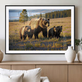 43400-MGV-CV-36X24-Bear Family Wall Art – Wildlife Canvas Print of Mother Bear with Cubs in Sunlit Meadow, Rustic Animal Artwork for Living Room,