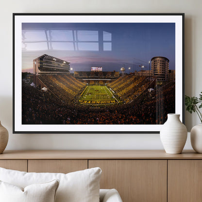 82557-MGV-CV-36X24-College Football Stadium Wall Art – Panoramic Sunset Canvas Print with Marching Band and Game Day Crowd, Sports Artwork for Man