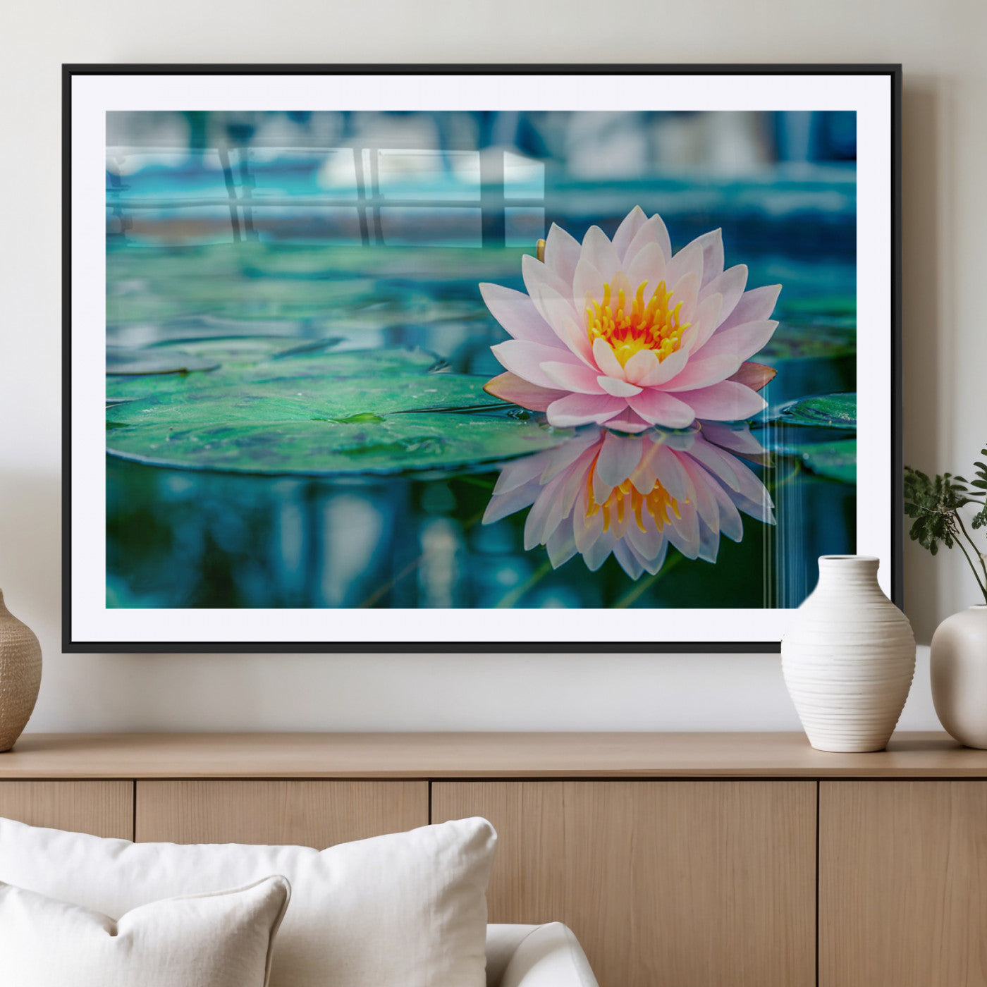 30320-MGV-CV-36X24-Pink Water Lily Wall Art – Lotus Flower Canvas Print with Reflection Water, Peaceful Botanical Artwork for Living Room, Bedroom,