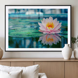 30320-MGV-CV-36X24-Pink Water Lily Wall Art – Lotus Flower Canvas Print with Reflection Water, Peaceful Botanical Artwork for Living Room, Bedroom,