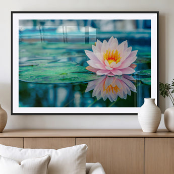 30320-MGV-CV-36X24-Pink Water Lily Wall Art – Lotus Flower Canvas Print with Reflection Water, Peaceful Botanical Artwork for Living Room, Bedroom,