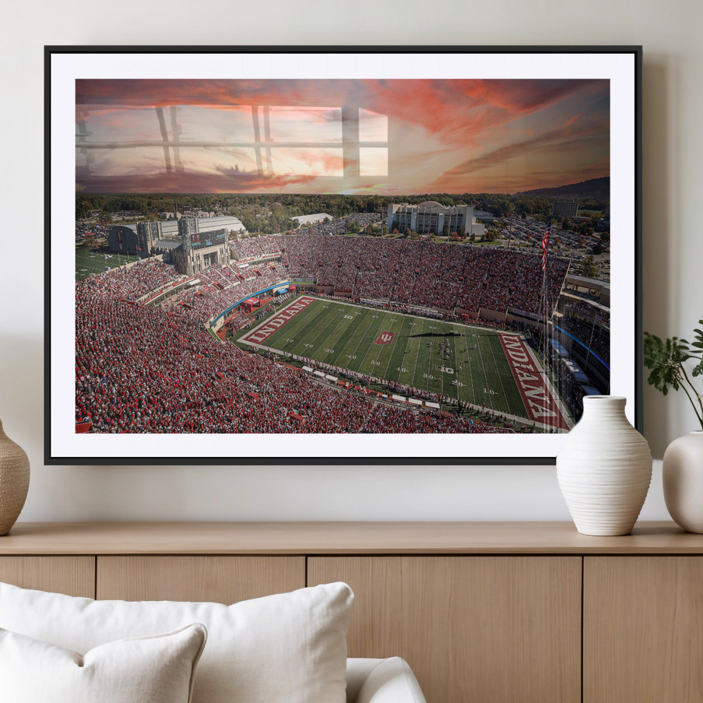 51135-MGV-CV-36X24-Indiana Hoosiers Stadium Wall Art – Panoramic Football Canvas Print with Game Day Crowd and Sunset Sky, Sports Artwork for Man