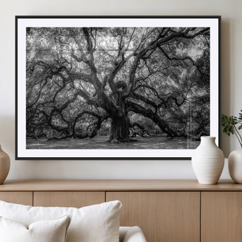 132944706-MGV-CV-36X24-Ancient Tree Wall Art – Black and White Photography Canvas Print Featuring Majestic Twisting Branches, Rustic Nature Artwork for