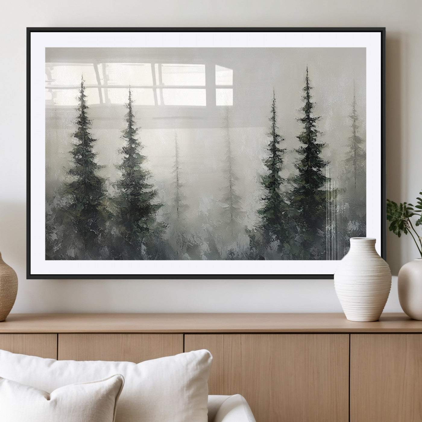 33241-MGV-CV-36X24-Misty Forest Wall Art Canvas Print, Framed Foggy Pines Art Picture Print, Forest Haze Perfect Rustic Minimalist Decor Artwork
