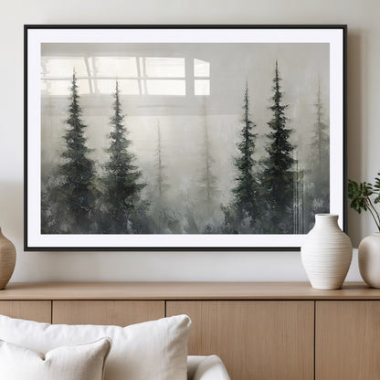 33241-MGV-CV-36X24-Misty Forest Wall Art Canvas Print, Framed Foggy Pines Art Picture Print, Forest Haze Perfect Rustic Minimalist Decor Artwork