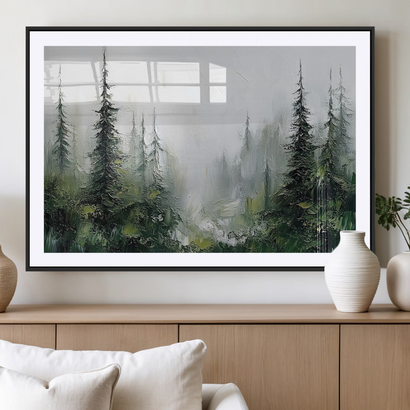 76014-MGV-CV-36X24-Forest Wall Art – Textured Canvas Print Featuring Misty Evergreen Pines and Woodland Landscape, Rustic Nature Artwork for Living