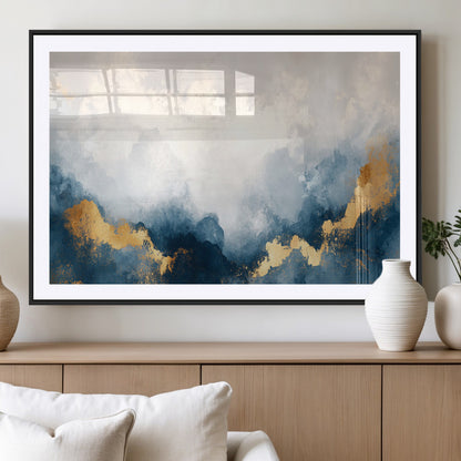 14578-MGV-CV-36X24-Abstract Wall Art – Modern Canvas Print Featuring Blue and White Clouds with Golden Accents, Contemporary Elegant Artwork for
