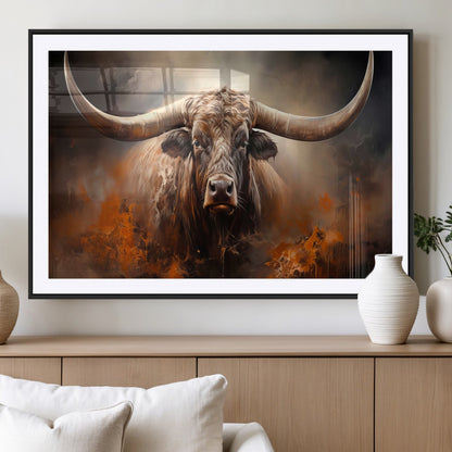 240479-MGV-CV-36X24-Longhorn Bull Wall Art – Dramatic Western Canvas Print Featuring Horned Bull with Fiery Background, Rustic Farmhouse Artwork for
