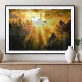 13776802-MGV-CV-36X24-Golden Forest Wall Art Canvas Print, Framed Sunset Pines Art Picture Print, Flying Birds Perfect Nature Glow Decor Artwork